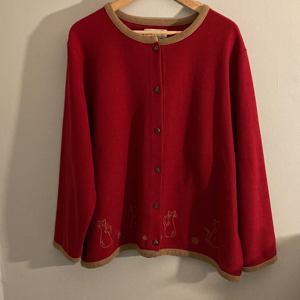 Christopher & Banks Red Knit Sweater with Tan Trim